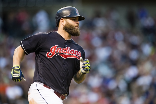 CLEVELAND, OH -  JULY 30: Mike Napoli #26 of the Cleveland Indians runs to first during the third inning against the Oakland Athletics  at Progressive Field on July 30, 2016 in Cleveland, Ohio. (Photo by Jason Miller/Getty Images)
