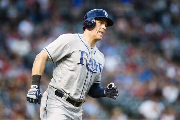 CLEVELAND, OH -  JUNE 22: Logan Morrison #7 of the Tampa Bay Rays runs out a double during the seventh inning against the Cleveland Indians at Progressive Field on June 22, 2016 in Cleveland, Ohio. (Photo by Jason Miller/Getty Images)