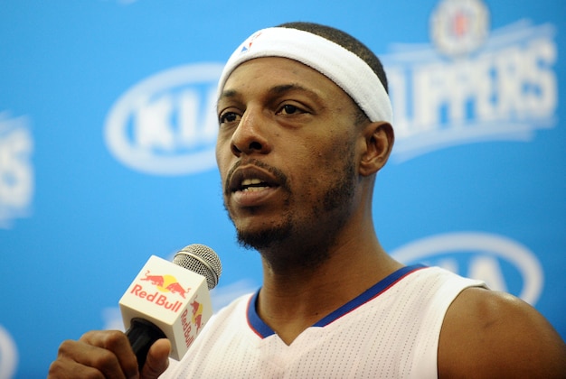 September 26, 2016; Los Angeles, CA, USA;  Los Angeles Clippers forward Paul Pierce (34) speaks during media day at Clipper Training Facility in Playa Vista. Mandatory Credit: Gary A. Vasquez-USA TODAY Sports