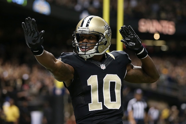NEW ORLEANS, LA - OCTOBER 26:  Brandin Cooks #10 of the New Orleans Saints celebrates after scoring a touchdown against the Green Bay Packers during the first quarter at Mercedes-Benz Superdome on October 26, 2014 in New Orleans, Louisiana.  (Photo by Chris Graythen/Getty Images)