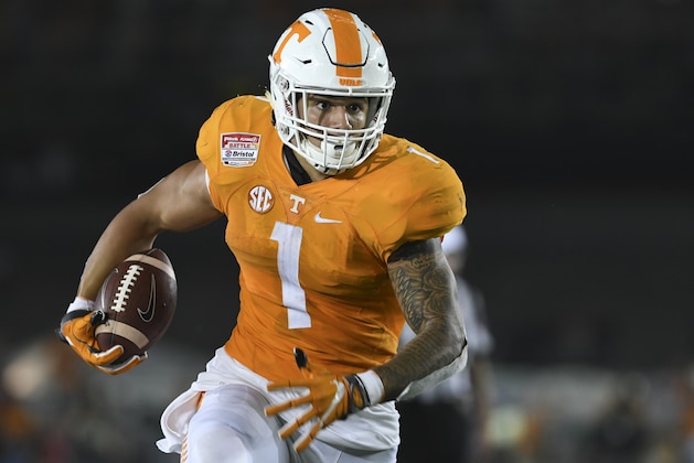 BRISTOL, TN - SEPTEMBER 10: Running back Jalen Hurd #1 of the Tennessee Volunteers carries the ball against the Virginia Tech Hokies in the first half at Bristol Motor Speedway on September 10, 2016 in Bristol, Tennessee.  (Photo by Michael Shroyer/Getty Images)