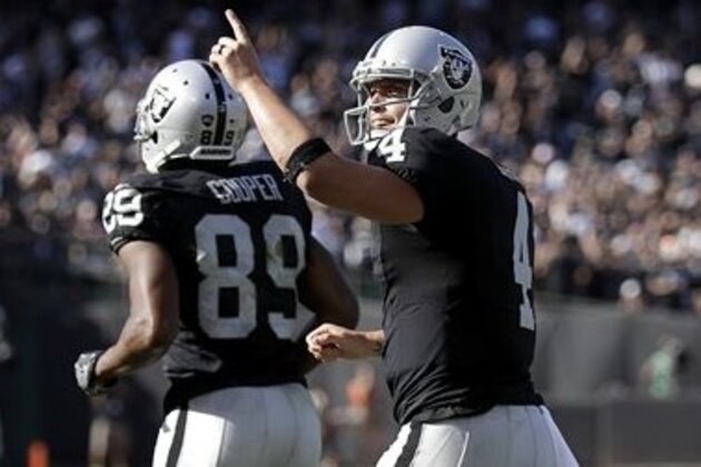 Oakland Raiders quarterback Derek Carr (4) and wide receiver Amari Cooper (89) celebrate after connecting on a 2-point conversion against the San Diego Chargers during the second half of an NFL football game in Oakland, Calif., Sunday, Oct. 9, 2016. (AP Photo/Marcio Jose Sanchez) Oakland Raiders quarterback Derek Carr (4) and wide receiver Amari Cooper (89) celebrate after connecting on a 2-point conversion against the San Diego Chargers during the second half of an NFL football game in Oakland, Calif., Sunday, Oct. 9, 2016. (AP Photo/Marcio Jose Sanchez)