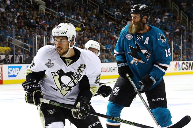SAN JOSE, CA - JUNE 12: Sidney Crosby #87 of the Pittsburgh Penguins skates against Joe Thornton #19 of the San Jose Sharks in Game Six of the 2016 NHL Stanley Cup Final at SAP Center on June 12, 2016 in San Jose, California. (Photo by Bruce Bennett/Getty Images) SAN JOSE, CA - JUNE 12: Sidney Crosby #87 of the Pittsburgh Penguins skates against Joe Thornton #19 of the San Jose Sharks in Game Six of the 2016 NHL Stanley Cup Final at SAP Center on June 12, 2016 in San Jose, California. (Photo by Bruce Bennett/Getty Images)