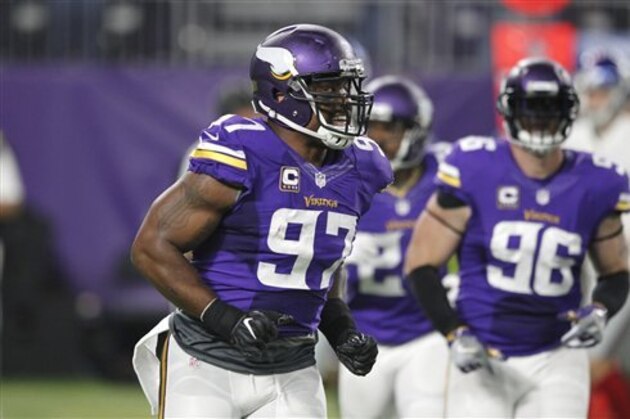 Minnesota Vikings defensive end Everson Griffen reacts during the first half of an NFL football game against the New York Giants Monday, Oct. 3, 2016, in Minneapolis. (AP Photo/Andy Clayton-King)