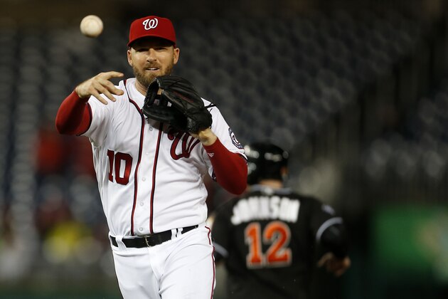 WASHINGTON, DC - SEPTEMBER 30: Stephen Drew #10 of the Washington Nationals makes a throw to first base for the third out of the eighth inning against the Miami Marlins at Nationals Park on September 30, 2016 in Washington, DC. (Photo by Matthew Hazlett/Getty Images)