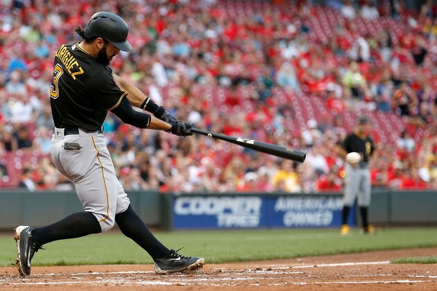 CINCINNATI, OH - SEPTEMBER 17:  Sean Rodriguez #3 of the Pittsburgh Pirates hits the ball during the game against the Cincinnati Reds at Great American Ball Park on September 17, 2016 in Cincinnati, Ohio. (Photo by Kirk Irwin/Getty Images)