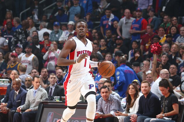AUBURN HILLS, MI - APRIL 24:  Reggie Jackson #1 of the Detroit Pistons brings the ball up court against the Cleveland Cavaliers in Game Four of the Eastern Conference Quarterfinals during the 2016 NBA Playoffs on  April 24, 2016 at The Palace of Auburn Hills in Auburn Hills, Michigan. NOTE TO USER: User expressly acknowledges and agrees that, by downloading and/or using this photograph, User is consenting to the terms and conditions of the Getty Images License Agreement. Mandatory Copyright Notice: Copyright 2016 NBAE (Photo by Nathaniel S. Butler/NBAE via Getty Images)