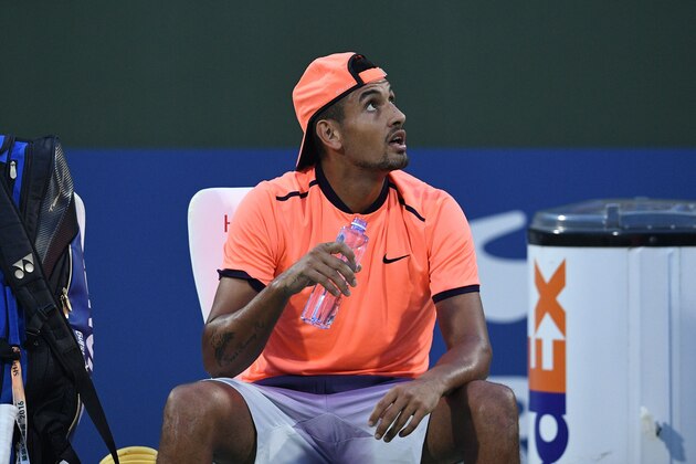 Nick Kyrgios of Australia complains to the referee during his men's singles match  against Mischa Zverev of Germany at the Shanghai Masters tennis tournament in Shanghai on October 12, 2016. / AFP / JOHANNES EISELE        (Photo credit should read JOHANNES EISELE/AFP/Getty Images)