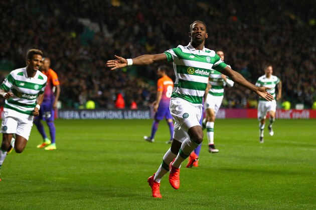 GLASGOW, SCOTLAND - SEPTEMBER 28:  Moussa Dembele of Celtic celebrates after scoring his team's third goal during the UEFA Champions League group C match between Celtic FC and Manchester City FC at Celtic Park on September 28, 2016 in Glasgow, Scotland.  (Photo by Michael Steele/Getty Images)