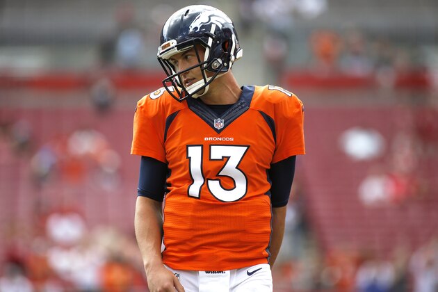 TAMPA, FL - OCTOBER 2:  Quarterback Trevor Siemian #13 of the Denver Broncos warms up before the start of an NFL game against the Tampa Bay Buccaneers on October 2, 2016 at Raymond James Stadium in Tampa, Florida. (Photo by Brian Blanco/Getty Images)