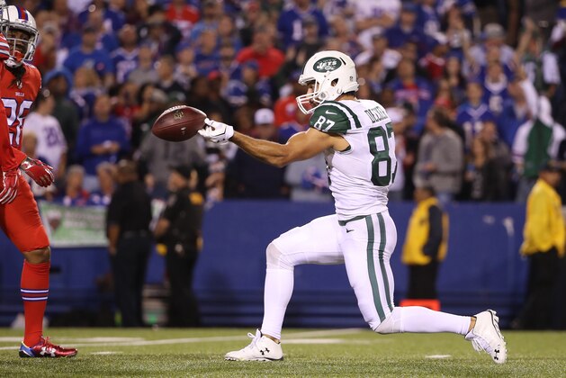 ORCHARD PARK, NY - SEPTEMBER 15: Eric Decker #87 of the New York Jets celebrates after getting a first down and is called for a taunting penalty during NFL game action against the Buffalo Bills at New Era Field on September 15, 2016 in Orchard Park, New York. (Photo by Tom Szczerbowski/Getty Images)