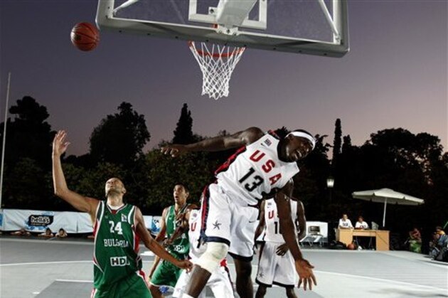 Ira Brown of USA reacts after failing to score against Bulgaria during a basketball game for the  3X3 World basketball Championship  in front of Zappeion hall in Athens, Saturday Aug. 25, 2012.  (AP Photo/Kostas Tsironis)