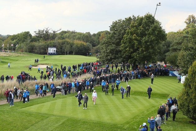 WATFORD, ENGLAND - OCTOBER 13:  Luke Donald of England, Andy Sullivan of England and Chris Wood of England walk off the tenth tee during the first round of the British Masters at The Grove on October 13, 2016 in Watford, England.  (Photo by Andrew Redington/Getty Images)