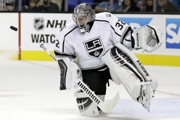 Los Angeles Kings goalie Jonathan Quick (32) stops a shot during an NHL hockey game against San Jose Sharks Wednesday, Oct. 12, 2016, in San Jose, Calif. (AP Photo/Marcio Jose Sanchez)
