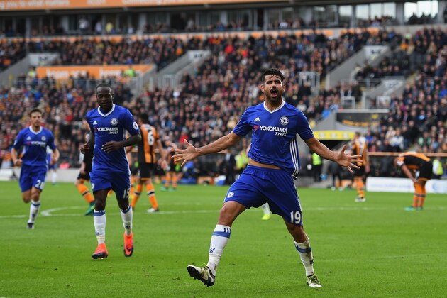 HULL, ENGLAND - OCTOBER 01:  Diego Costa of Chelsea celebrates scoring his sides second goal during the Premier League match between Hull City and Chelsea at KC Stadium on October 1, 2016 in Hull, England.  (Photo by Shaun Botterill/Getty Images)