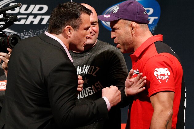 LAS VEGAS, NV - MAY 23:  (L-R) Opponents Chael Sonnen and Wanderlei Silva face off during the UFC press conference at the MGM Grand Garden Arena on May 23, 2014 in Las Vegas, Nevada.  (Photo by Josh Hedges/Zuffa LLC/Zuffa LLC via Getty Images)
