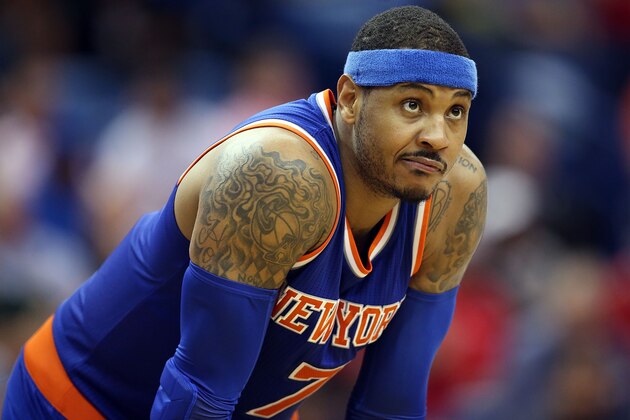 NEW ORLEANS, LA - MARCH 28:  Carmelo Anthony #7 of the New York Knicks stands on the court during the second half against the New Orleans Pelicans at the Smoothie King Center on March 28, 2016 in New Orleans, Louisiana. NOTE TO USER: User expressly acknowledges and agrees that, by downloading and or using this photograph, User is consenting to the terms and conditions of the Getty Images License Agreement.  (Photo by Sean Gardner/Getty Images)