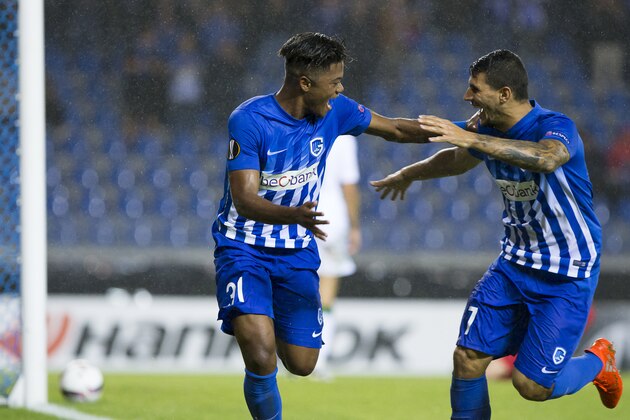 Genk's Jamaican forward Leon Bailey (L) and Genk's Greek forward Nikolaos Karelis celebrate after scoring a goal during the UEFA Europa League football match Genk vs Sassuolo at the Luminous arena in Genk. / AFP / BELGA AND Belga / KRISTOF VAN ACCOM / Belgium OUT        (Photo credit should read KRISTOF VAN ACCOM/AFP/Getty Images)