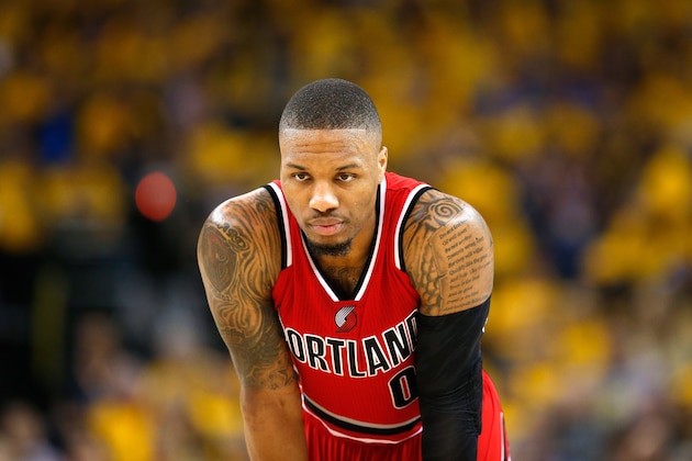 OAKLAND, CA - MAY 11:  Damian Lillard #0 of the Portland Trail Blazers stands on the court during their loss to the Golden State Warriors in Game Five of the Western Conference Semifinals during the 2016 NBA Playoffs on May 11, 2016 at Oracle Arena in Oakland, California.  NOTE TO USER: User expressly acknowledges and agrees that, by downloading and or using this photograph, User is consenting to the terms and conditions of the Getty Images License Agreement.  (Photo by Ezra Shaw/Getty Images)