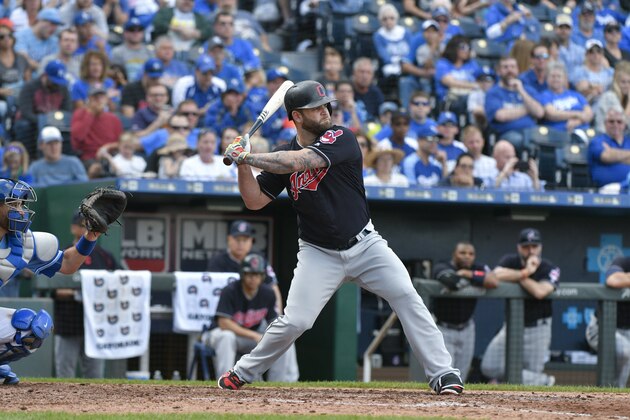 KANSAS CITY, MO - OCTOBER 2: Mike Napoli #26 of the Cleveland Indians hits against the Kansas City Royals at Kauffman Stadium on October 2, 2016 in Kansas City, Missouri. (Photo by Ed Zurga/Getty Images)
