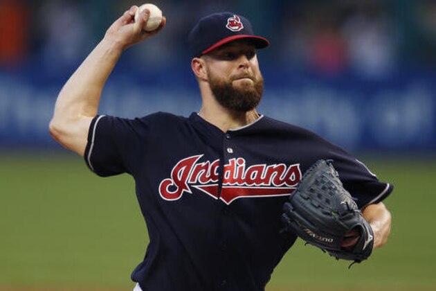 FILE - In this Sept. 21, 2016, file photo, Cleveland Indians starting pitcher Corey Kluber delivers against the Kansas City Royals during the first inning of a baseball game in Cleveland. Manager Terry Francona said Wednesday, Oct. 12, 2016, he'll start Kluber in the opener against the Blue Jays and follow with Trevor Bauer and Josh Tomlin in Games 2 and 3.  (AP Photo/Ron Schwane, File)