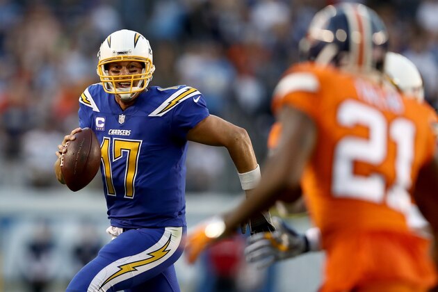 SAN DIEGO, CA - OCTOBER 13:   Philip Rivers #17 of the San Diego Chargers runs from the pocket during the first half of a game against the Denver Broncos  at Qualcomm Stadium on October 13, 2016 in San Diego, California.  (Photo by Sean M. Haffey/Getty Images)