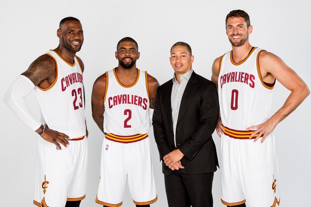 CLEVELAND, OH - SEPTEMBER 26: LeBron James #23, Kyrie Irving #2, Tyronn Lue and Kevin Love #0 the Cleveland Cavaliers poses for a portrait during 2016-2017 Cleveland Cavaliers Media Day at the Cleveland Clinic Courts on September 26, 2016 in Cleveland, Ohio.  NOTE TO USER: User expressly acknowledges and agrees that, by downloading and or using this photograph, User is consenting to the terms and conditions of the Getty Images License Agreement. Mandatory Copyright Notice: Copyright 2016 NBAE (Photo by Michael J. LeBrecht II/NBAE via Getty Images)