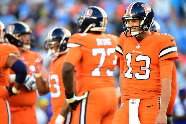 SAN DIEGO, CA - OCTOBER 13:  Trevor Siemian #13 of the Denver Broncos reacts after an incompleted pass during the first quarter against the San Diego Chargers at Qualcomm Stadium on October 13, 2016 in San Diego, California.  (Photo by Harry How/Getty Images)