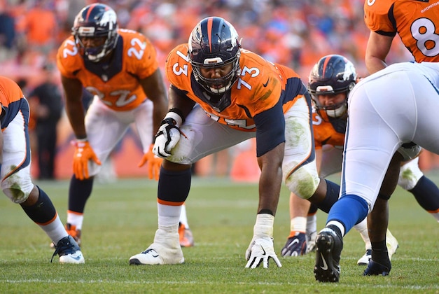 Sep 18, 2016; Denver, CO, USA; Denver Broncos offensive tackle Russell Okung (73) during the second half against the Indianapolis Colts at Sports Authority Field at Mile High.The Broncos defeated the Colts 34-20. Mandatory Credit: Ron Chenoy-USA TODAY Sports