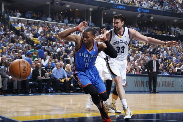 MEMPHIS, TN - MAY 1: Russell Westbrook #0 of the Oklahoma City Thunder battles for the ball against Marc Gasol #33 of the Memphis Grizzlies during Game Six of the Western Conference Quarterfinals during the 2014 NBA Playoffs on May 1, 2014 at FedEx Forum in Memphis, Tennessee. NOTE TO USER: User expressly acknowledges and agrees that, by downloading and or using this photograph, User is consenting to the terms and conditions of the Getty Images License Agreement. (Photo by Joe Robbins/Getty Images)