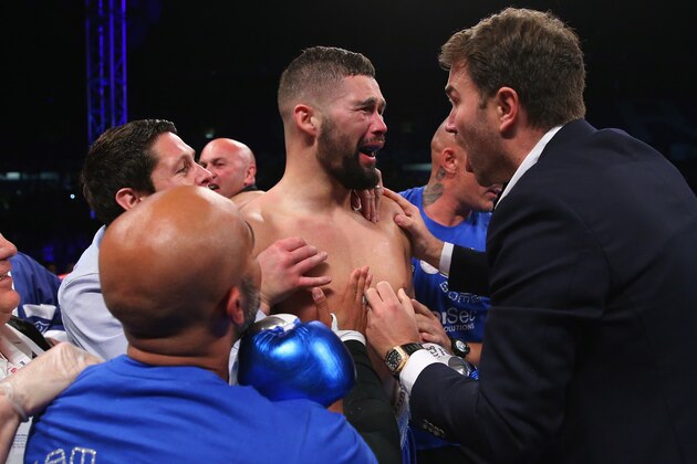 LIVERPOOL, ENGLAND - MAY 29:  Tony Bellew celebrates with his corner after stopping Illunga Makabu in the second round to win the Vacant WBC World Cruiserweight Championship fight between Tony Bellew and Illunga Makabu at Goodison Park on May 29, 2016 in Liverpool, England.  (Photo by Alex Livesey/Getty Images)