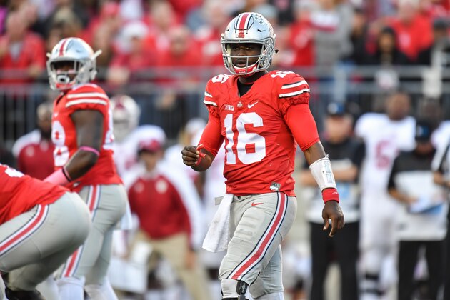 COLUMBUS, OH - OCTOBER 8:  Quarterback J.T. Barrett #16 of the Ohio State Buckeyes calls a play against the Indiana Hoosiers at Ohio Stadium on October 8, 2016 in Columbus, Ohio. Ohio State defeated Indiana 38-17.  (Photo by Jamie Sabau/Getty Images)