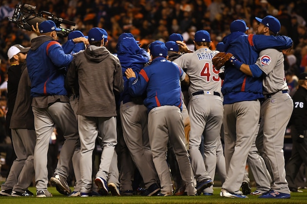 SAN FRANCISCO, CA - OCTOBER 11:  The Chicago Cubs celebrate after defeating the San Francisco Giants 6-5 in Game Four of their National League Division Series to advance to the National League Championship Series at AT&T Park on October 11, 2016 in San Francisco, California.  (Photo by Thearon W. Henderson/Getty Images)