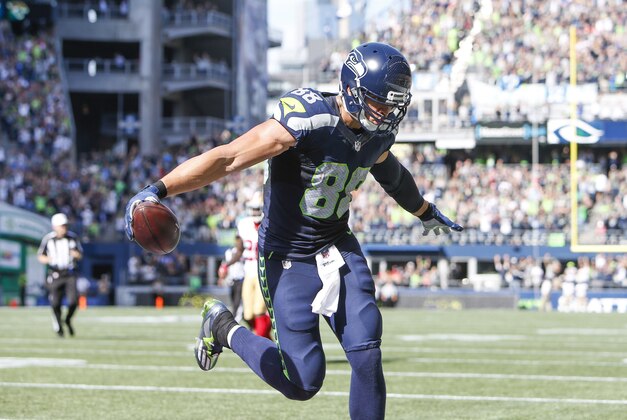 Sep 25, 2016; Seattle, WA, USA; Seattle Seahawks tight end Jimmy Graham (88) celebrates his touchdown reception against the San Francisco 49ers during the second quarter at CenturyLink Field. Mandatory Credit: Joe Nicholson-USA TODAY Sports