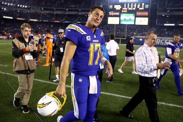 SAN DIEGO, CA - OCTOBER 13:   Philip Rivers #17 of the San Diego Chargers walks off the field after defeating the Denver Broncos 21-13 in a game at Qualcomm Stadium on October 13, 2016 in San Diego, California.  (Photo by Sean M. Haffey/Getty Images)