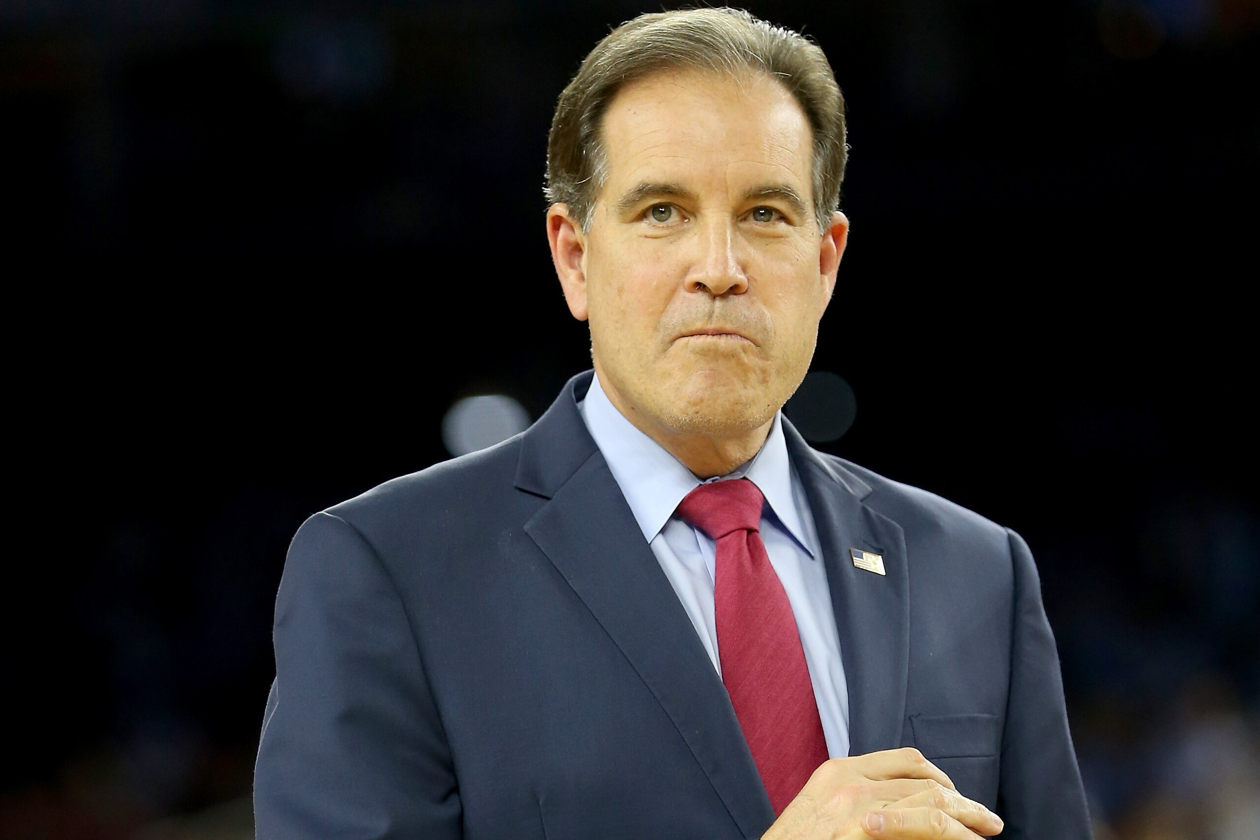HOUSTON, TEXAS - APRIL 04:  Broadcaster Jim Nantz looks on prior to the 2016 NCAA Men's Final Four National Championship game between the Villanova Wildcats and the North Carolina Tar Heels at NRG Stadium on April 4, 2016 in Houston, Texas.  (Photo by Streeter Lecka/Getty Images)