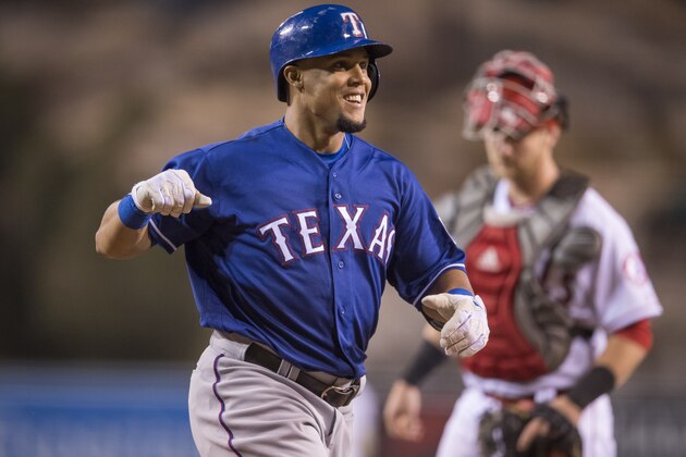 ANAHEIM, CA - SEPTEMBER 10: Carlos Gomez #14 of the Texas Rangers celebrates after hitting a two-run home run during the fourth inning of the game against the Los Angeles Angels of Anaheim at Angel Stadium of Anaheim on September 10, 2016 in Anaheim, California. (Photo by Matt Brown/Angels Baseball LP/Getty Images) ANAHEIM, CA - SEPTEMBER 10: Carlos Gomez #14 of the Texas Rangers celebrates after hitting a two-run home run during the fourth inning of the game against the Los Angeles Angels of Anaheim at Angel Stadium of Anaheim on September 10, 2016 in Anaheim, California. (Photo by Matt Brown/Angels Baseball LP/Getty Images)