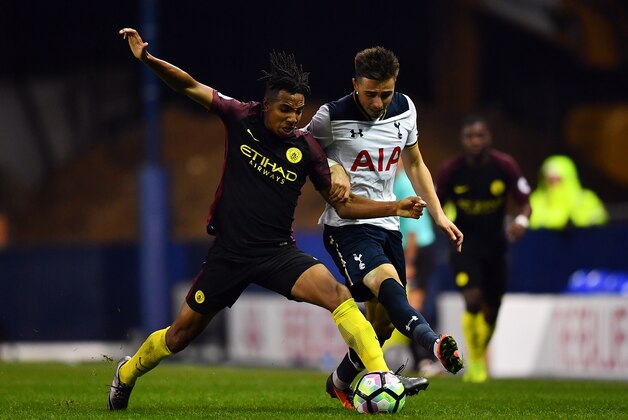 LONDON, ENGLAND - OCTOBER 14:   Anthony Georgiou of Tottenham Hotspur battles for the ball with Demeaco Duhaney of Manchester City during the Premier League 2 match between Tottenham Hotspur and Manchester City at White Hart Lane on October 14, 2016 in London, England. (Photo by Dan Mullan/Getty Images)