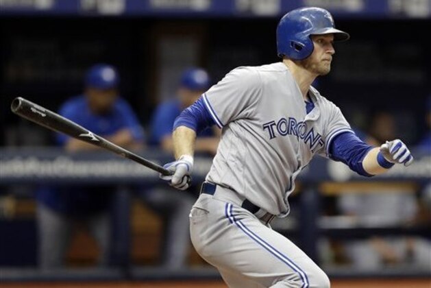 Toronto Blue Jays' Michael Saunders singles against the Tampa Bay Rays during a baseball game Sunday, Sept. 4, 2016, in St. Petersburg, Fla.  (AP Photo/Chris O'Meara)
