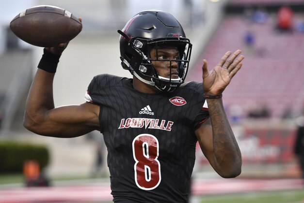 Oct 14, 2016; Louisville, KY, USA;  Louisville Cardinals quarterback Lamar Jackson (8) warms up before the first quarter against the Duke Blue Devils at Papa John's Cardinal Stadium. Mandatory Credit: Jamie Rhodes-USA TODAY Sports