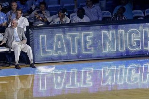North Carolina coach Roy Williams sits on the bench during the NCAA college basketball team's season kickoff event, Late Night With Roy, in Chapel Hill, N.C., Friday, Oct. 14, 2016. (AP Photo/Gerry Broome) North Carolina coach Roy Williams sits on the bench during the NCAA college basketball team's season kickoff event, Late Night With Roy, in Chapel Hill, N.C., Friday, Oct. 14, 2016. (AP Photo/Gerry Broome)