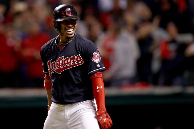 CLEVELAND, OH - OCTOBER 14: Francisco Lindor #12 of the Cleveland Indians celebrates after hitting a two run home run to right field against Marco Estrada #25 of the Toronto Blue Jays in the sixth inning during game one of the American League Championship Series at Progressive Field on October 14, 2016 in Cleveland, Ohio. (Photo by Maddie Meyer/Getty Images) CLEVELAND, OH - OCTOBER 14: Francisco Lindor #12 of the Cleveland Indians celebrates after hitting a two run home run to right field against Marco Estrada #25 of the Toronto Blue Jays in the sixth inning during game one of the American League Championship Series at Progressive Field on October 14, 2016 in Cleveland, Ohio. (Photo by Maddie Meyer/Getty Images)