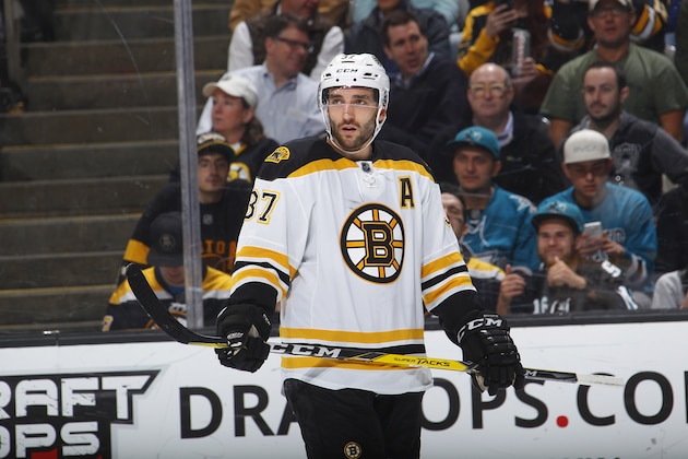 SAN JOSE, CA - MARCH 15: Patrice Bergeron #37 of the Boston Bruins looks on during the game against the San Jose Sharks at SAP Center on March 15, 2016 in San Jose, California. (Photo by Rocky W. Widner/NHL/Getty Images)