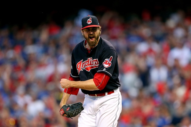 CLEVELAND, OH - OCTOBER 15:  Andrew Miller #24 of the Cleveland Indians celebrates after striking out Josh Donaldson #20 of the Toronto Blue Jays in the top of the eighth inning during game two of the American League Championship Series at Progressive Field on October 15, 2016 in Cleveland, Ohio.  (Photo by Maddie Meyer/Getty Images)