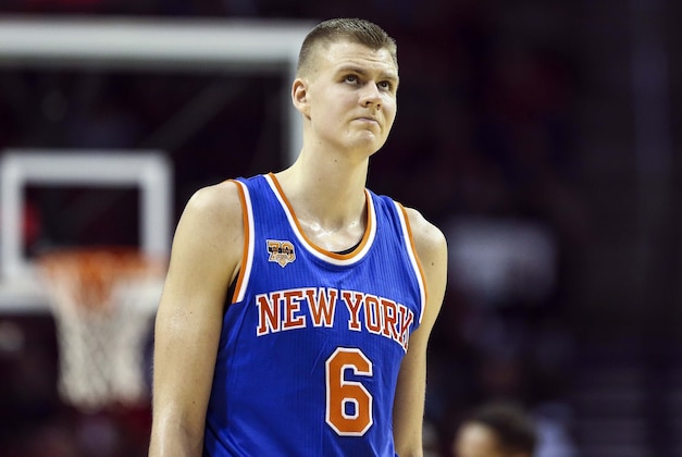 Oct 4, 2016; Houston, TX, USA; New York Knicks forward Kristaps Porzingis (6) reacts after a play during the second quarter against the Houston Rockets at Toyota Center. Mandatory Credit: Troy Taormina-USA TODAY Sports