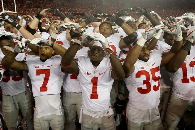 MADISON, WI - OCTOBER 15: The Ohio State Buckeyes celebrate after beating the Wisconsin Badgers 30-23 in overtime at Camp Randall Stadium on October 15, 2016 in Madison, Wisconsin. (Photo by Dylan Buell/Getty Images)