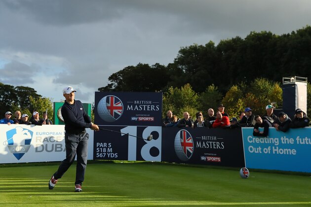 WATFORD, ENGLAND - OCTOBER 16:  Alex Noren of Sweden hits his tee shot on the 18th hole during the fourth round of the British Masters at The Grove on October 16, 2016 in Watford, England.  (Photo by Andrew Redington/Getty Images)