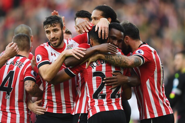 SOUTHAMPTON, ENGLAND - OCTOBER 16:  Nathan Redmond of Southampton (22) celebrates with team mates as he scores their second goal during the Premier League match between Southampton and Burnley at St Mary's Stadium on October 16, 2016 in Southampton, England.  (Photo by Mike Hewitt/Getty Images)