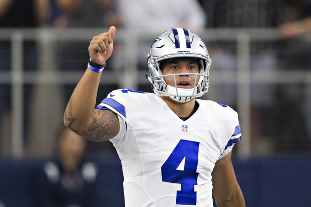 ARLINGTON, TX - OCTOBER 09: Dak Prescott #4 of the Dallas Cowboys warms up on the sidelines before the start of a game against the Cincinnati Bengals at AT&T Stadium on October 9, 2016 in Arlington, Texas. The Cowboys defeated the Bengals 28-14.  (Photo by Wesley Hitt/Getty Images)