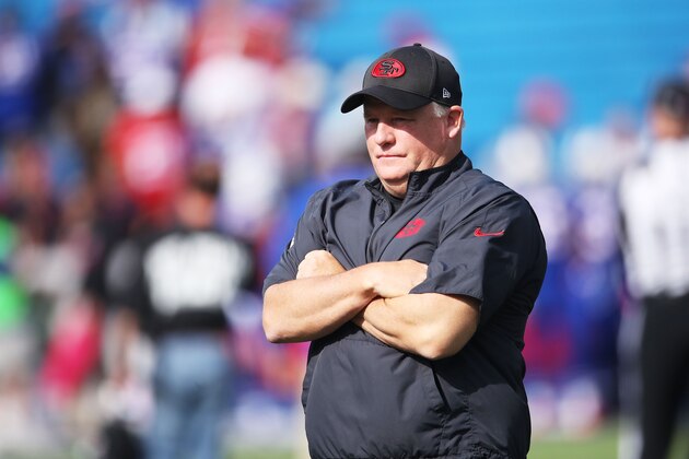 BUFFALO, NY - OCTOBER 16:  Head coach Chip Kelly of the San Francisco 49ers watches his team warm up before the game against the Buffalo Bills at New Era Field on October 16, 2016 in Buffalo, New York.  (Photo by Tom Szczerbowski/Getty Images)